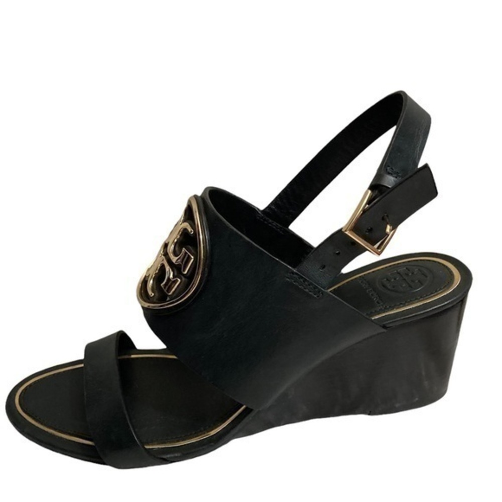 Tory Burch black gold logo sandal open toe shoes